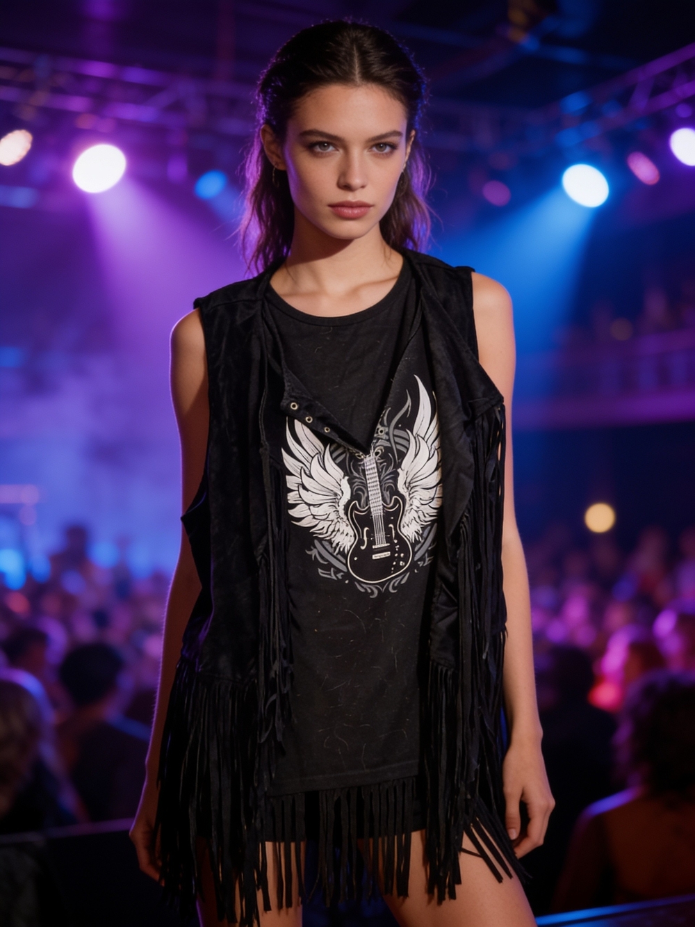 Black Tank Top With Fringe Vest-Two Pieces